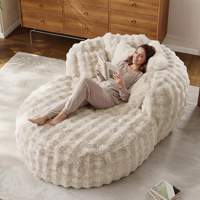 55" W Oversized Round Chaise Lounge Chair with Ottoman Indoor Boneless Faux Fur Plush Fluffy Circle Couch Soft Comfy Cozy Cloud Reading Chair for Living Room, Playroom, Bedroom - Beige White