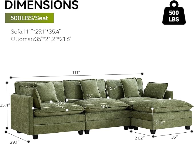 UMBFUN 3-Seater Cloud Couch with Ottoman, Oversized Comfy Modular Sectional L Shaped Sofa with Deep Seats, Chenille Couch for Living Room, Green