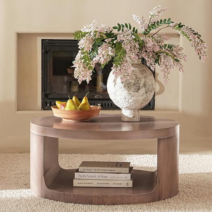 Veihaus Round Coffee Table with Storage, 31.5" Modern Living Room Table, 2 Tier Circle Wood Center Tables for Apartment, Living Room, Open-Style Storage Coffee Tables, 31.5"*15.7" (Dusty Pink)