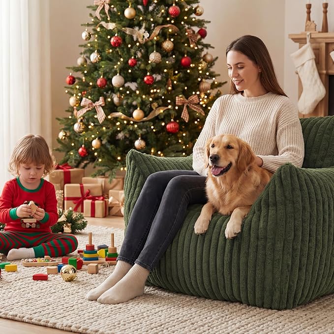 Giant Bean Bag Chairs for Adults with Filling Plush Fluffy Bean Bag Chairs for Teens with Armrests Comfy BeanBag Lazy Couch Sofa Chair for Bedroom Living Room Reading (Green, M-for Teens/Adults)