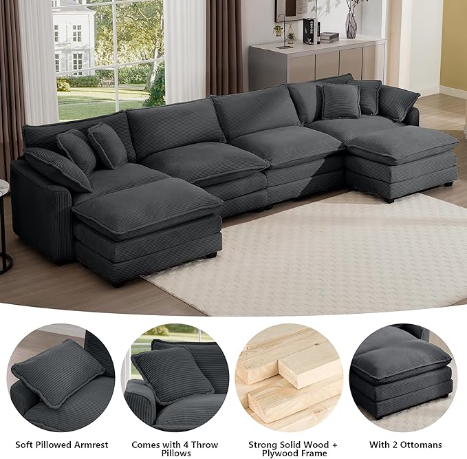 Aoowow Corduroy 4 Seater Couch with Ottomans,Modern Large Cloud Couches for Living Room,U Shaped Modular Sectional Cloud Sofas Deep Seat,U Shape Oversized Tufted Sofa Set (Grey, 4 Seater + 2 Ottoman)