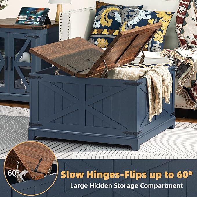 Farmhouse Coffee Table Sets 2 Pieces, Large End Side Tables with Charging Station and Coffee Table with Hidden Storage Compartment, Black Living Room Table Set, Wood Furniture Sets for Home Office