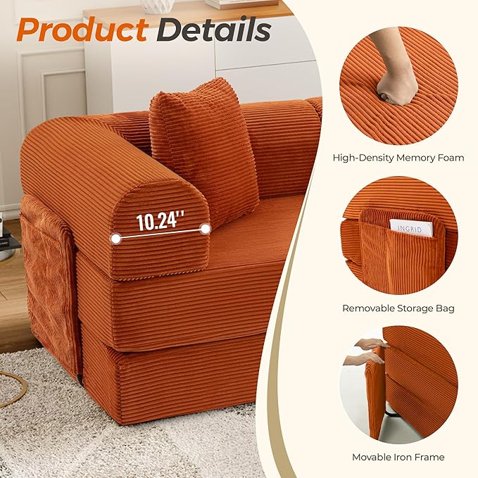 106.3" Oversized Convertible Sleeper Sofa Bed, L Shape Modular Sectional Cloud Sofa with Fixed-Shape Frame, Boneless Couch with Storage Pocket for Living Room, No Assembly Required, Orange