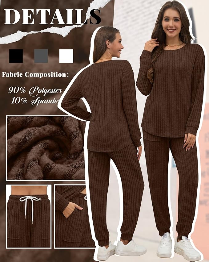 Sweetyweee Women's Ribbed Knit Lounge Sets 2 Piece Outfits Long Sleeve Pajamas Set Loungewear Sweatsuits Fall Pjs with Pocket