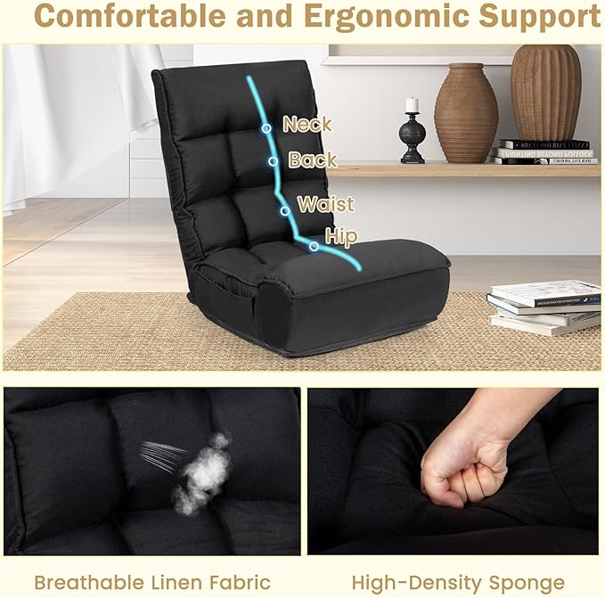 KOMFOTT Folding Floor Chair for Adults, Floor Gaming Chair with 5-Position Adjustable Headrest & 4-Position Adjustable Backrest, Side Pocket, Floor Seating Lazy Sofa for Reading, Meditating, Black
