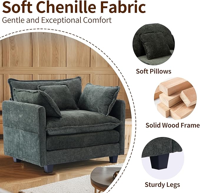 SweetGO corporation 40" Chenille Lounge Chair for Reading, Modern Couch Cozy Sofa Bed, Upholstered Living Room Single Sofa Accent Chair with Ottoman Set of 2, Green