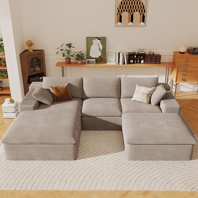 107" Cloud Sectional Couch with U-Shaped Chaise,Corduroy Viral Boneless Sofa with Ottoman,Memory Foam Couches in a Box with Deep Seat for Living Room,No Assembly Required (Camel,Left-Facing Chaise)