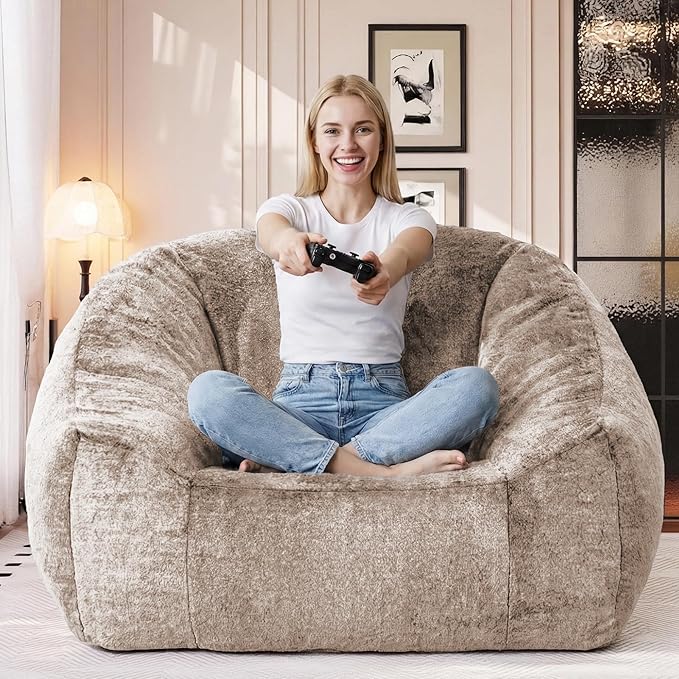 Bean Bag Chairs for Adults, Giant Beanbag Sofa Comfy Reading Chair, Oversized Bean Bag Chairs for Living Room Bedroom, Soft Faux Fur Fabric, 3.2FT, Khaki, Plush