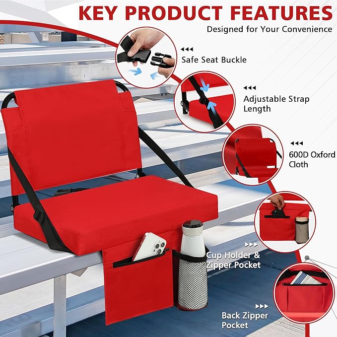 Stadium Seat for Bleachers with Back Support and Wide Padded Cushion Stadium Chair - Includes Shoulder Strap and Cup Holder