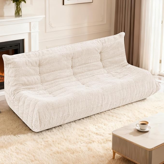 HABUTWAY Bean Bag Chairs Fireside Lazy Floor Sofa, Soft Teddy Fleece 3 Seater Sofa with High-Resilience Foam Filling，Beanbag for Living Room, Bedroom, Office (Beige Teddy)