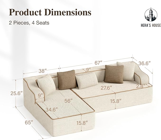 HERA'S HOUSE 105" Cloud Sectional Couch, Modular Upholstered Sofa with L-Shaped Chaise, Corduroy Boneless Couches with Wide Armrest and 5 Throw Pillows for Living Room, No Assembly Required, Beige