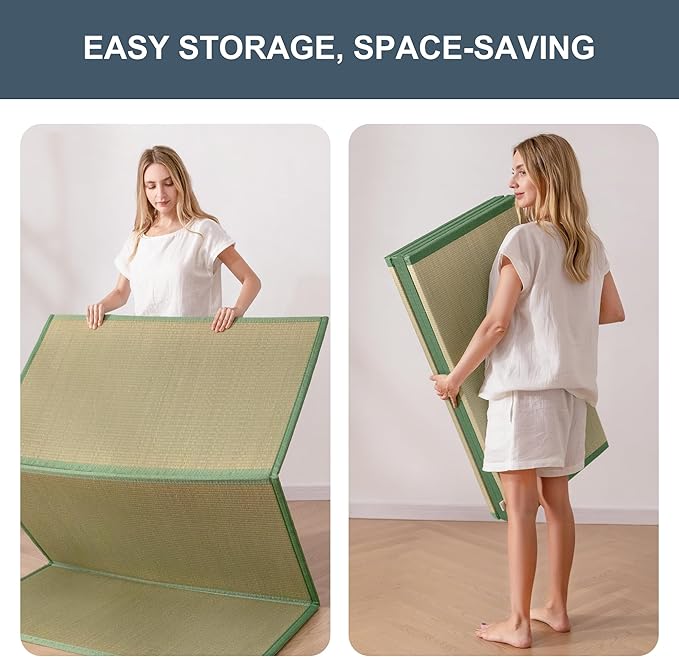 MAXYOYO Japanese Tatami Mat 100% Rush Grass Portable Folding Mat Futon Mattress Firm Traditional Floor Bed 79"x60"x0.47"