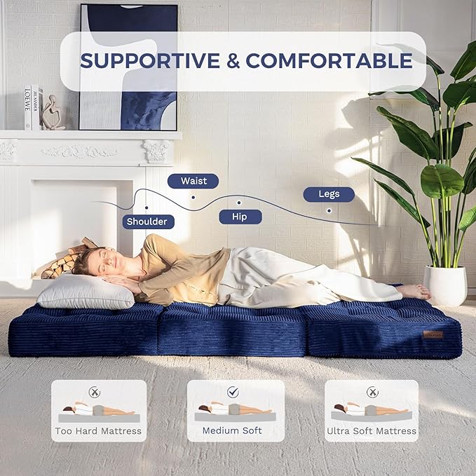 MAXYOYO Tri-Fold Mattress, 6 Inch Tufted Folding Mattress Full Foam Bed, Foldable Floor Couch Guest Bed Topper Portable Camping Sleeper with Corded Fabric, Navy, 53"x75"