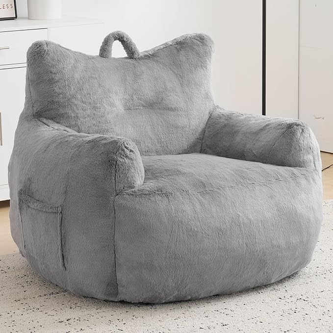 Giant Bean Bag Chair for Adults, Oversized Bean Bag with Filling Plush Fluffy,BeanBag Lazy Sofa Couch with Armrest for Living Room, Cat Shaped Beanbag Couch with Sidepocket for Bedroom,Grey