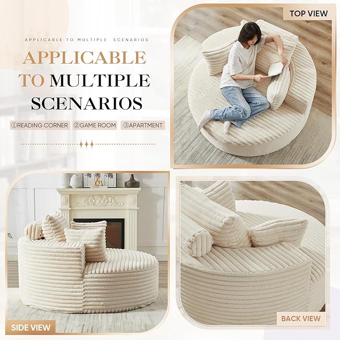 JEEOHEY Modern Round Accent Sofa Chair for Living Room, Upholstered Corduroy Barrel Lounge Arm Chair with Large seat&Throw Pillows for Bedroom, Office, Apartment, Beige