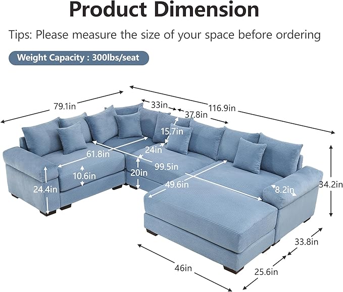 KEIKI 117" U-Shaped Oversized Corduroy Modular Cloud Sectional Sofa with 1 Ottoman, High-Density Foam Cushion, Extra-Thick Armrest, 4-Seater Fluffy Corner Couch with 14 Pillow, for Living Room, Blue