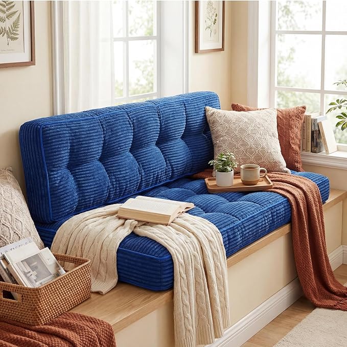 Vercraft 63 Inch Folding Bench Cushion, 4 Inch Thick 2-in-1 Convertible Long Floor Lounger Boneless Cushions Couch Mattress Upholstered for Yoga, Reading, Sleeping, Meditation Living Room(Navy)