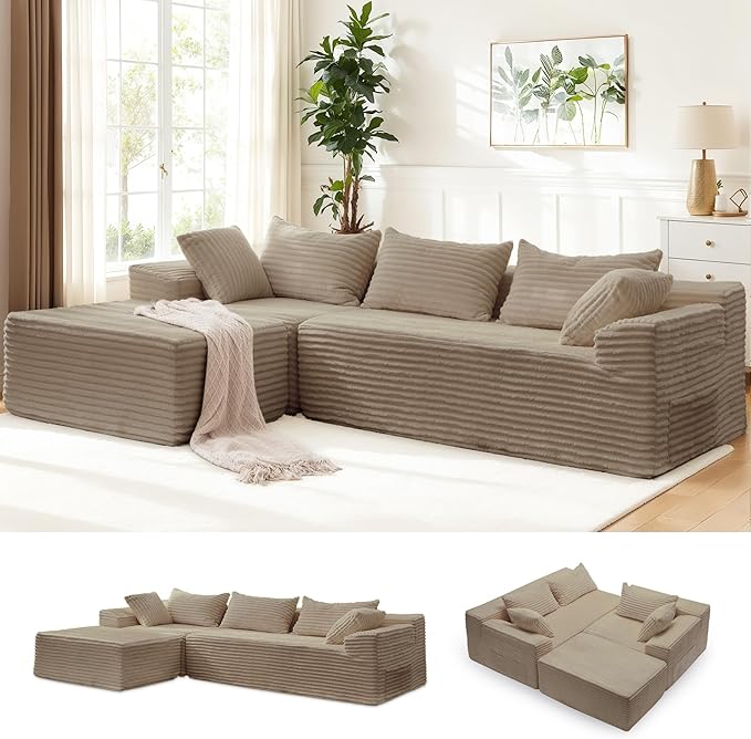 Korser 110" Sectional Couches for Living Room, Modular Sectional Sofa with L-Shape Chaise, Cloud Couch, Comfy Corduroy Fluffy Couch with Deep Seat and Side Pockets