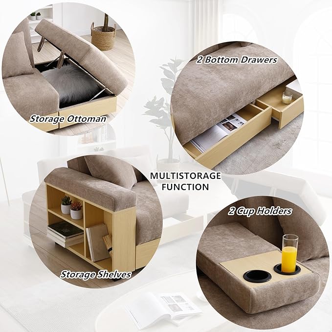 Roockky Convertible Sofa Bed, 85" Folding Sectional Sleeper Sofa with Storage Ottoman, Drawers, Built-in Bookshelves and 2 Cup Holders, Linen (Brown)