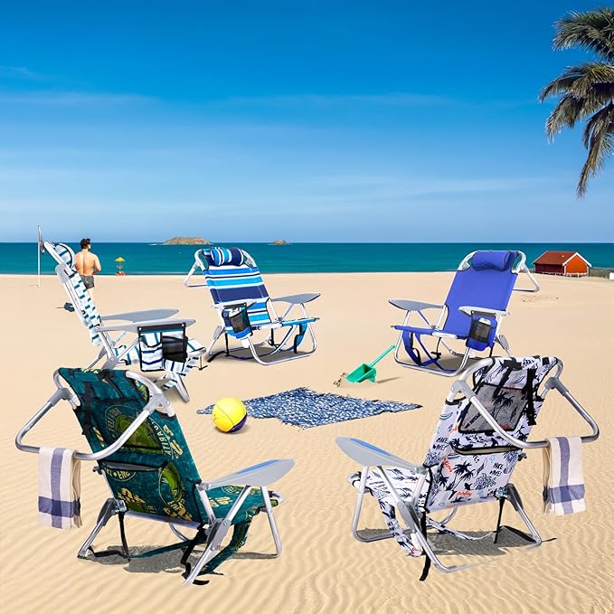 Canpsky Portable Beach Chair for Adults, Outdoor Camping Chair Lay Flat Folding Backpack Beach Reclining Chair with 5 Positions, Headrest, Cup Holder, Heavy White Striped