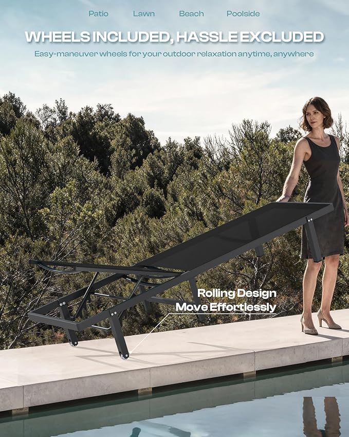 Pool Lounge Chairs, Chaise Lounge Outdoor with Wheels and 5-Position Recliner -Easy to Move- Aluminum Patio Lounge Chair for Poolside, Deck (Black)