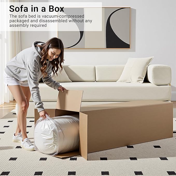 78" Convertible Sleeper Sofa Bed, Corduroy Folding Sofa Bed with Fixed-Shape Frame, Fold Out Floor Mattress Couch, Lazy Compression Sofas for Living Room, Bedroom, No Assembly Required, Beige