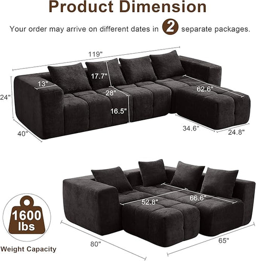 119" Boneless Couch, Cloud Sectional Couch with Deep Seat, High-Density Memory Foam and Chaise, Sectional L Shaped Sofa, Boneless Couches for Living Room, No Assembly Required Tufted Sofa, Dark Grey