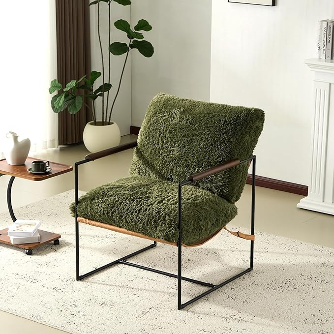 VINGLI 28" Wide Plush Upholstery Sling Modern Accent Chair Set of 2, Cute Reading Armchair with Removable Seat Cushion & Tan Microfiber Seat Base, Lazy Chair for Bedroom & Lounge,Olive Green
