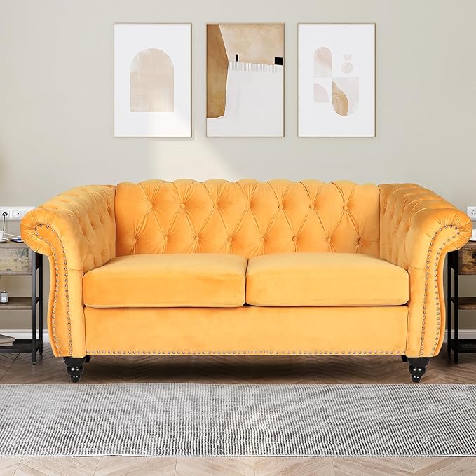 QHITTY Accent Sofa, Chesterfield Loveseat Modern Velvet Couch Upholstered Sofa with Tufted Back for Living Room Furniture (Mango)