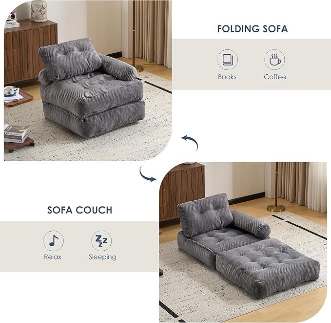 Folding Sofa Bed with Armrest,Convertible Sleeper Chair for Adults, Folding Sofa Bed Foam Filling Couch with Pillow，Sleeper Chairs Single Size Floor Mattress,Grey