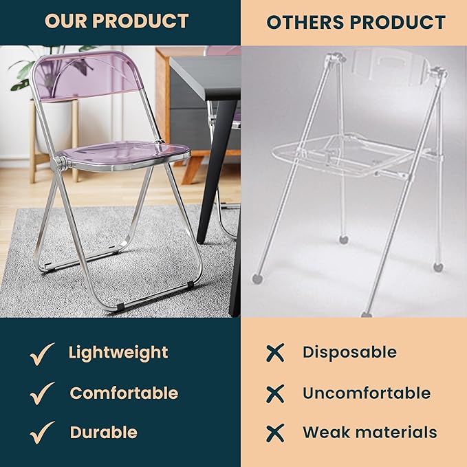 LeisureMod Lawrence Modern Clear Acrylic Folding Chair with Metal Frame, Space-Saving Transparent Seating for Dining Room, Home Office, Bedroom, Vanity or Small Spaces, (Magenta, Set of 2)