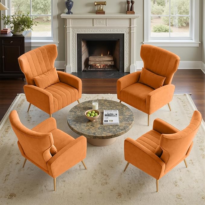 Nalupatio Modern Accent Chairs for Set of 4 Upholstered Velvet Fabric Reading Chair Mid Century Arm Chair Comfy Armchair for Living Room,Orange
