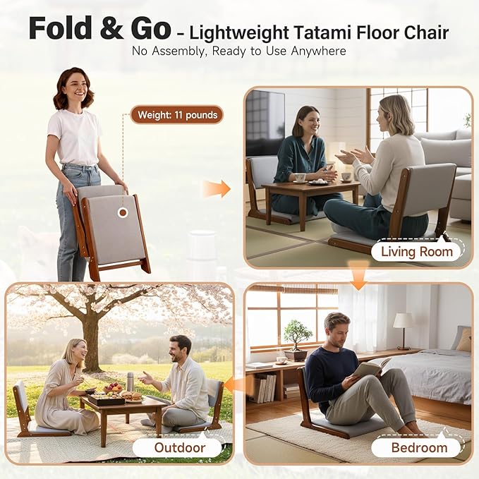 Tiita Floor Chair with Back Support, Foldable Meditation Tatami Chairs, Backrest Chair with Cushion, Living Room Chair Seat 2 Pack, Walnut Grey