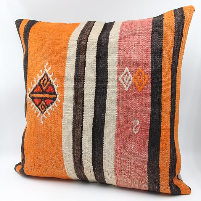Kilimwarehouse Handmade Kilim Pillow Cover 24x24 inch Huge Sitting Pillowcase Art Deco Bohemian Design Rustic Vintage Ethnic Fireplace Pillow Size Cushion Floor Accent