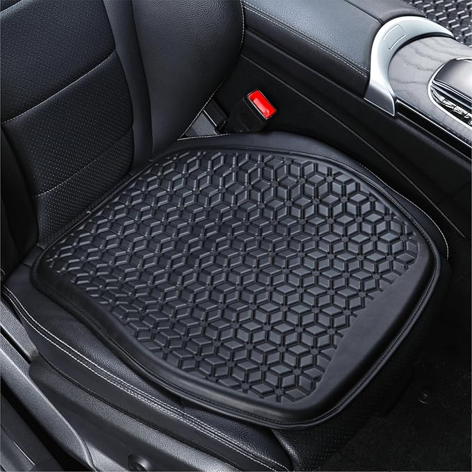 Binsheo Thin Gel Seat Cushion for Car Seat, Office Chair, Wheelchair, Golf Cart - Non-Slip Car Seat Cushions with 0.7 Inch Gel - Sciatica & Coccyx Pain Relief (Leather, Black)