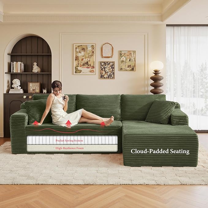 105" Sectional Couches for Living Room Cloud Couch Sofa with L-Shape Upholstered Boneless Couchs Modern Modular Sectional Couch with Chaise (Green, 105" W+Right Facing Chaise+2Seaters)