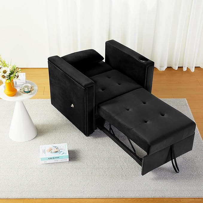 Velvet Convertible Chair Bed, 3 in 1 Multi-Functional Lounge Chair Sleeper, Pull Out Couch Guest Bed with Hidden Table and Adjustable Backrest for Living Room Small Space Apartment (Black)