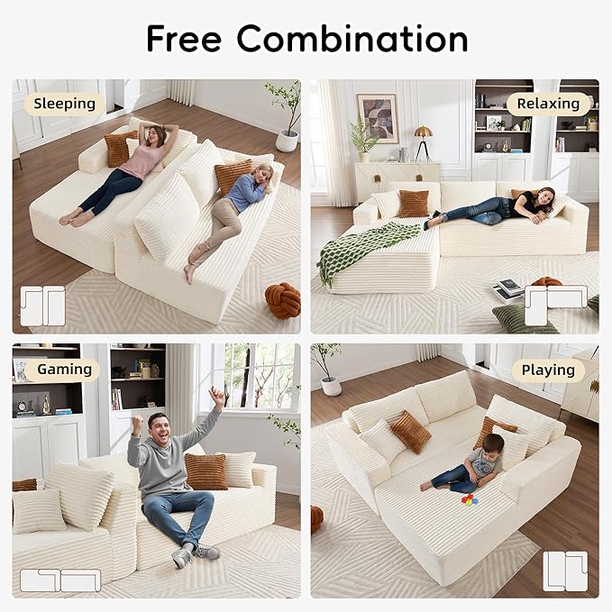 Opiesit 108" Boneless Couches for Living Room, Modular Sectional Sofa with Oversized Chaise, L-Shape Cloud Couch with Deep Seat, High-Density Memory Foam, No Assembly Required, Plush Corduroy Beige