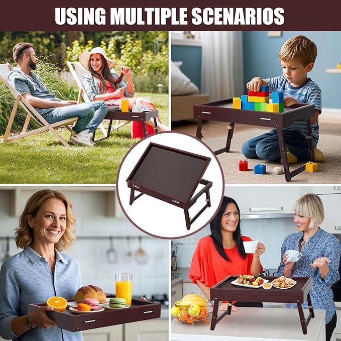 2 Pack Bamboo Adjustable & Foldable Bed Tray Table with Ergonomic Handle, 17x12in Breakfast Tray for Eating, Laptop Desk, Sofa Snacking, Non-Slip Surface (Mahogany)