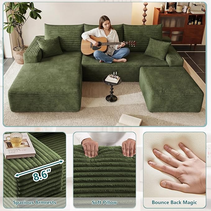 95" U-Shape Cloud Couch, Modern Modular Sectional L-Shape Sofa with Ottoman, Corduroy Upholstered Couches Deep Seat Sleeper Chaise Longue for Living Room, No Assembly Required(Green, Left Facing)