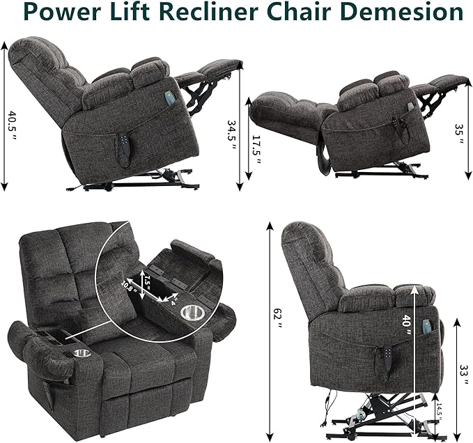 Triple Motor Zero Gravity Power Lift Recliner Chair for Elderly, Extra Wide Lay Flat Recliner with Lifts Vertically, Legs Elevated Above The Heart, Heat Massage, Arm Storage & Cup Holders