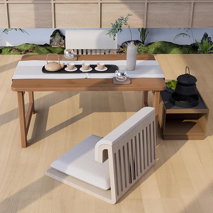 OETPJM Japanese Floor Table, Bamboo Folding Coffee Table, Portable Solid Wood Japanese Tatami Tea Table Table, No Assembly Japanese Dining Table for Sitting on The Floor, Easy Storage (Dark Walnut)