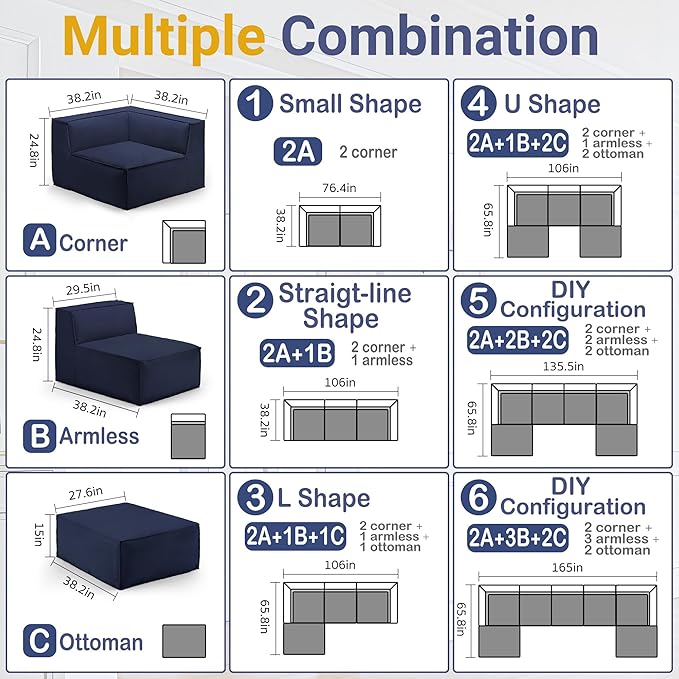 38“ Modular Sectional Sofa Convertible Cube Couch Seat Set, Combine L-Shaped U-Shaped, Free Assembly, Space-Saving for Living Room, Thick Foam Fabric Chenille Blue (Only Armless)