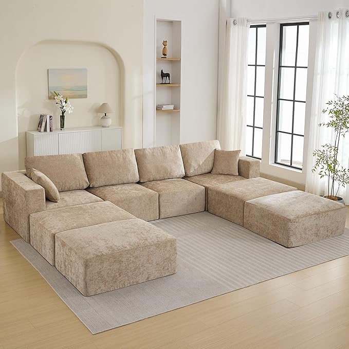 146'' Oversized Boneless Sofa Bed, 4 Seater Modular Sectional Couch with 4 Movealbe Ottoman, No Asswmbly Chenille Compression Sofas with Chaise for Home House, Camel