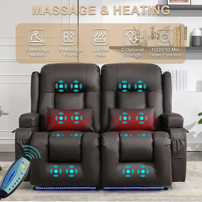 URRED Loveseat Recliner Sofa with Massage and Heat, Power Reclining Loveseat Sofa RV Couch Home Theater Seating with LED Lights, Cup Holders, Side Pockets, USB, Pillows, Faux Leather - Dark Brown