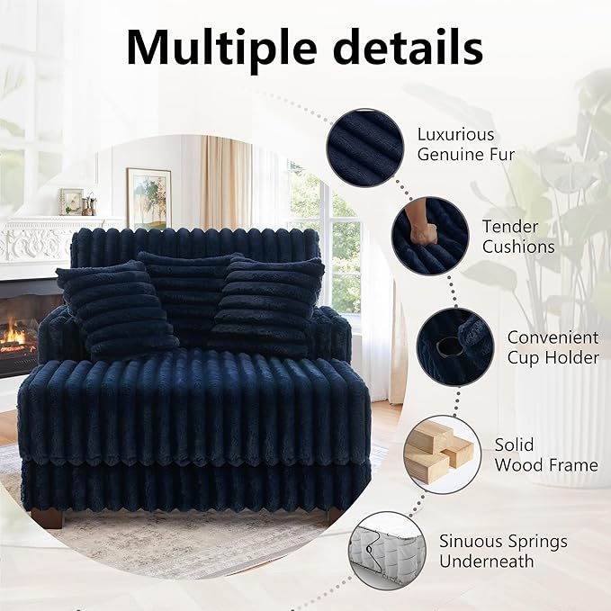 UIXE Chaise Lounge Chairs Set of 2, Oversized Indoor Sleeper Chair with 2 Cup Holders, Faux Fur Upholstered Sofa Bed Comfy Recliner for Living Room, Bedroom, Apartment - Navy