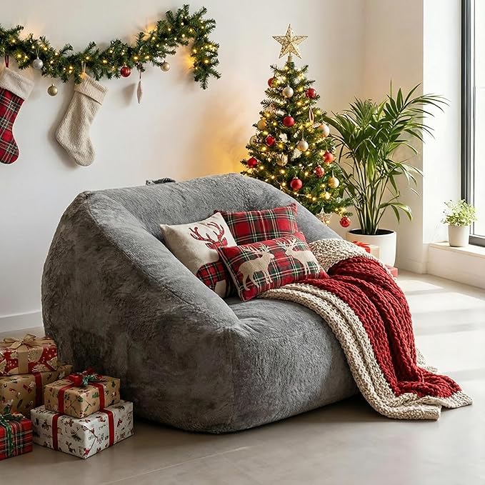 COSIEST Bean Bag Chair, Big Comfy Couch with Side Pocket, Furry Beanbag Chair with Foam Filler for Adults & Kids, Stuffed Accent Sofa for Reading, Lounge Floor Sofa for Living Room, Bedroom, Grey