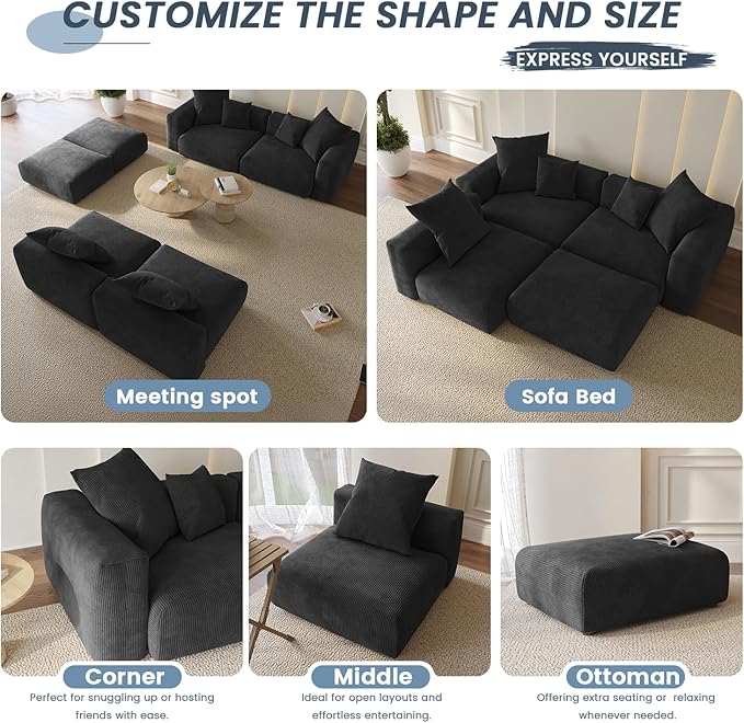 Oversized Modular Sectional Sofa with Ottomans,5 Seater Corduroy V Shaped Reversible Corner Couch,141.73" Convertible Sofa & Couch Free Combination for Living Rooom,Black