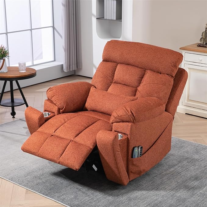 4-Motor Power Lift Recliner Chair for Elderly, Oversized Lay Flat Recliner with Heat and Massage, Adjustable Headrest Lumbar Heat Hidden Cup Holder for Big Man 400lbs (Orange Chenille)