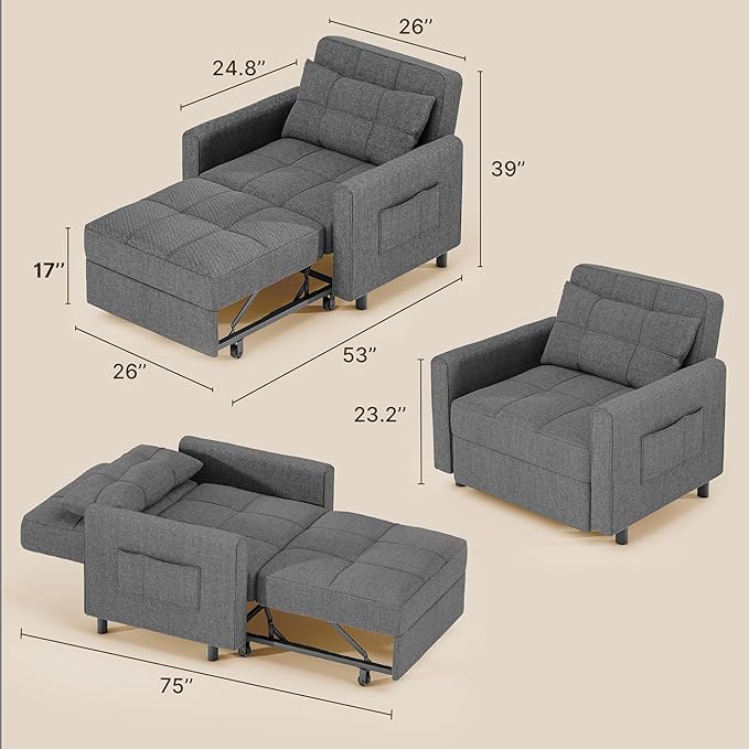 Gizoon Sofa Bed Chair 3 in 1 Convertible, Pullout Single Sleeper Chair Bed with Adjustable Backrest, Spacious Multifunctional Sofa Couches for Living Room, Bedroom, Apartment